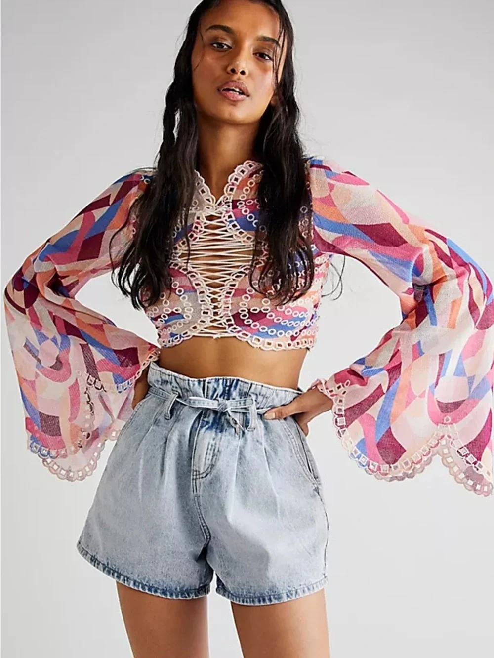 Free People Eyes On You Lace Up Retro Swirl Crop Top size XS